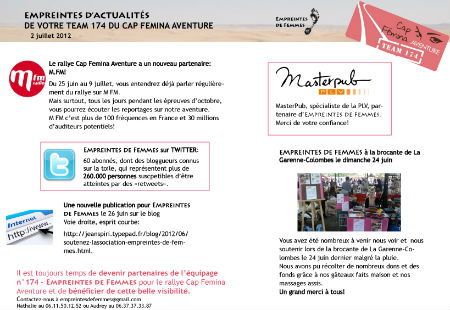 Empreintes de Femmes cap Femina Aventure 2012 News Letter du 02.07.2012